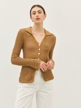 Idem Ditto Brown Crochet Flower Cardigan 100% Cotton Open Knit Button NWT #D59